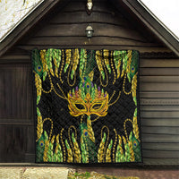 Feather mask Mardi Gras quilt on wall, black peacock-feather design with golden mask