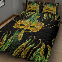 Black quilt bed set with large green feather and gold mask motif and dangling chain accents
