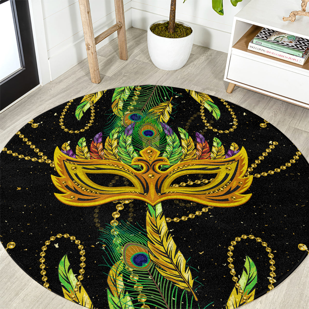 Round Mardi Gras style carpet with gold mask, green peacock feathers on dark background