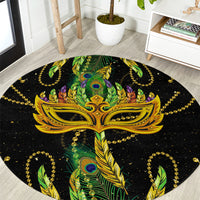 Round Mardi Gras style carpet with gold mask, green peacock feathers on dark background