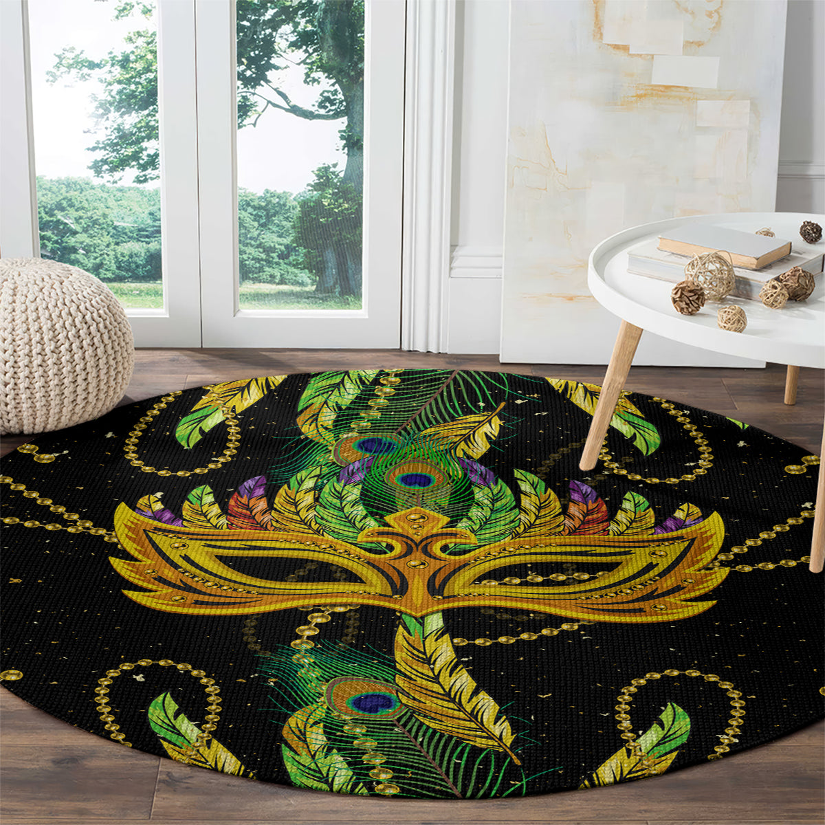 Round carpet with dark base, ornate gold mask, and green peacock feathers with jeweled dots