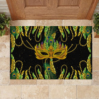 Feather mask Mardi Gras rubber doormat featuring a central yellow feather mask on black