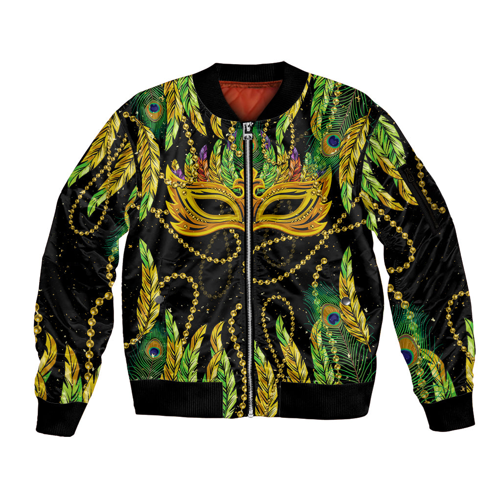 Feather Mask Mardi Gras Sleeve Zip Bomber Jacket - Wonder Print Shop