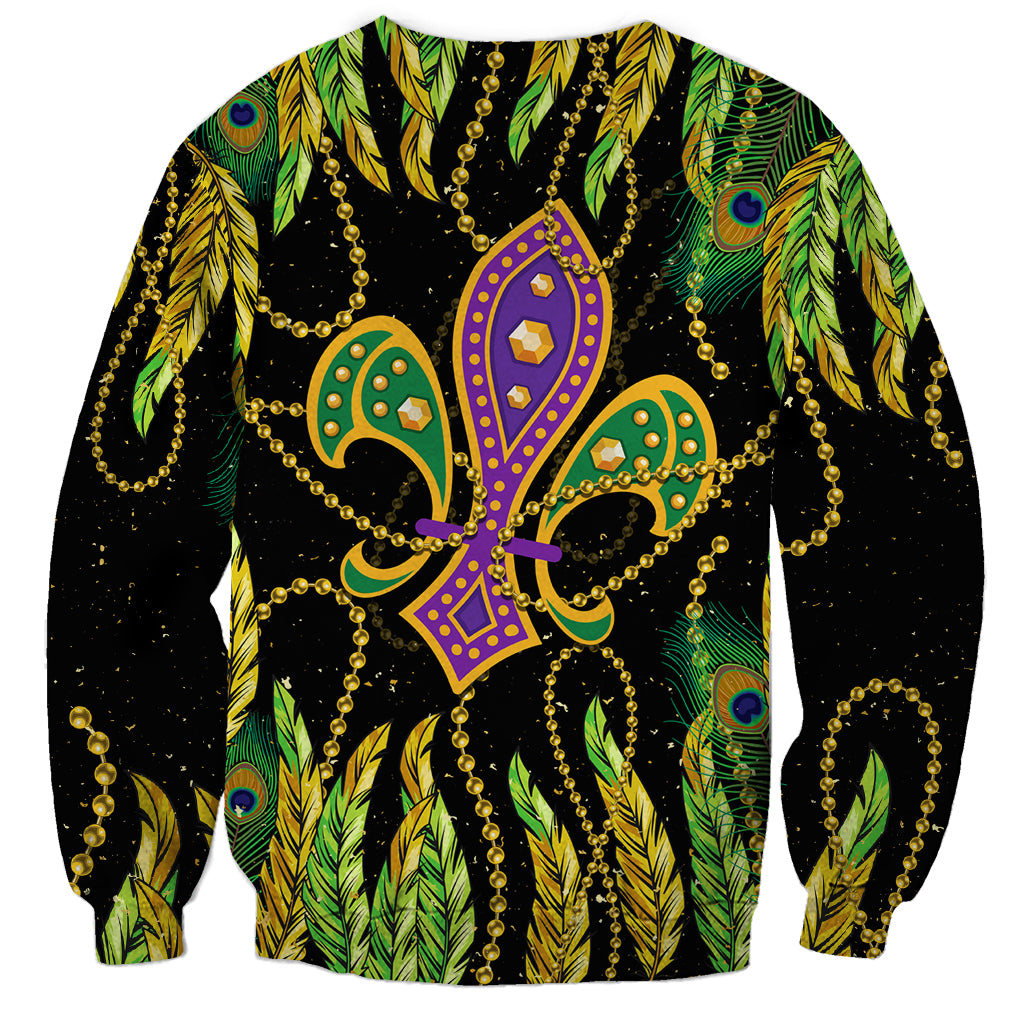 Green and black feather Mardi Gras sweatshirt with purple fleur-de-lis and gold bead chains