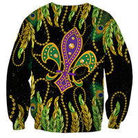 Green and black feather Mardi Gras sweatshirt with purple fleur-de-lis and gold bead chains