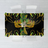 Green and black feather-pattern tablecloth with peacock crown and beaded details