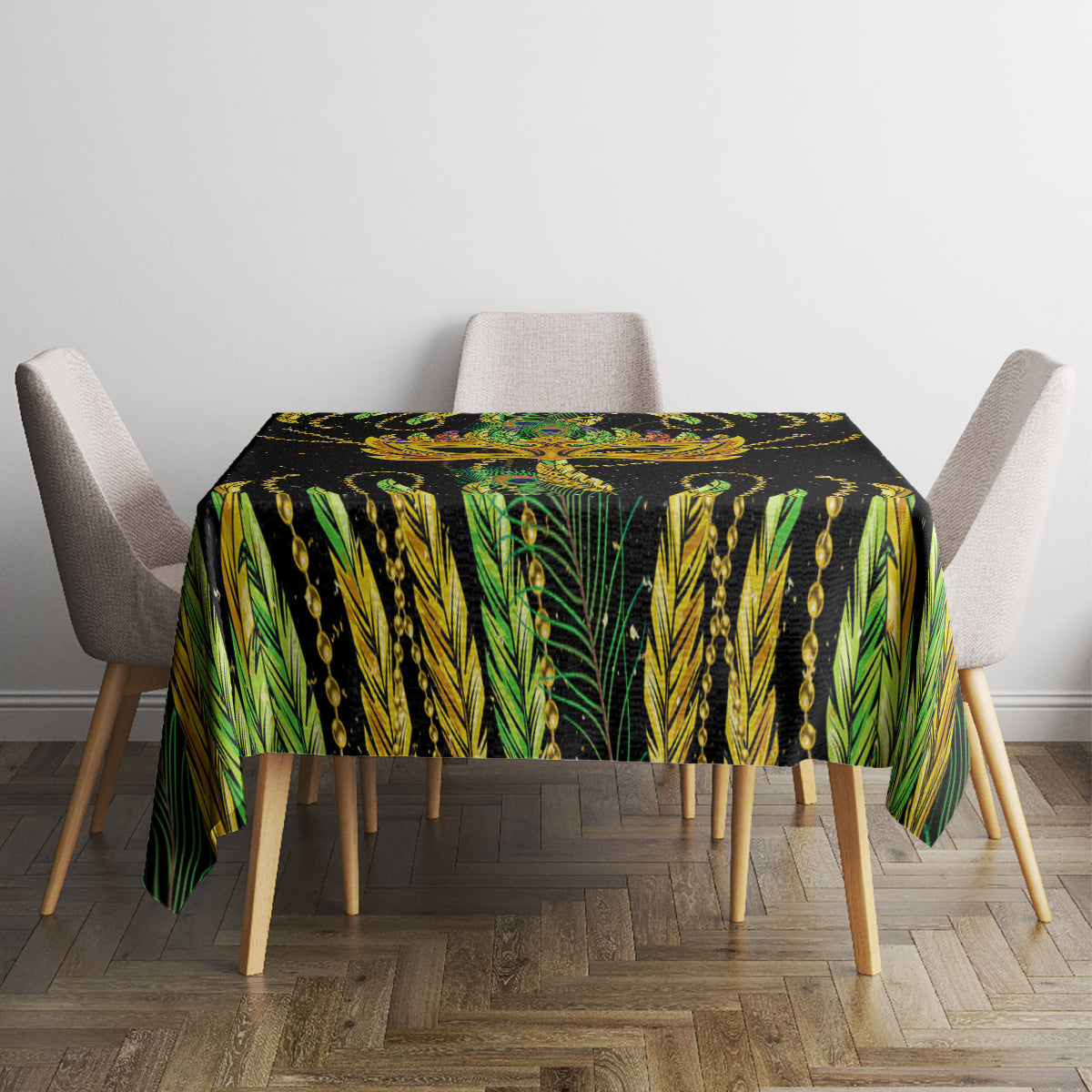 Green and black feather print tablecloth covering a square dining table