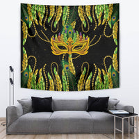 Green feather mask Mardi Gras tapestry with gold beaded chains and peacock-feather border