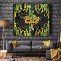 Rectangular tapestry featuring a central Mardi Gras mask with green and gold feathers