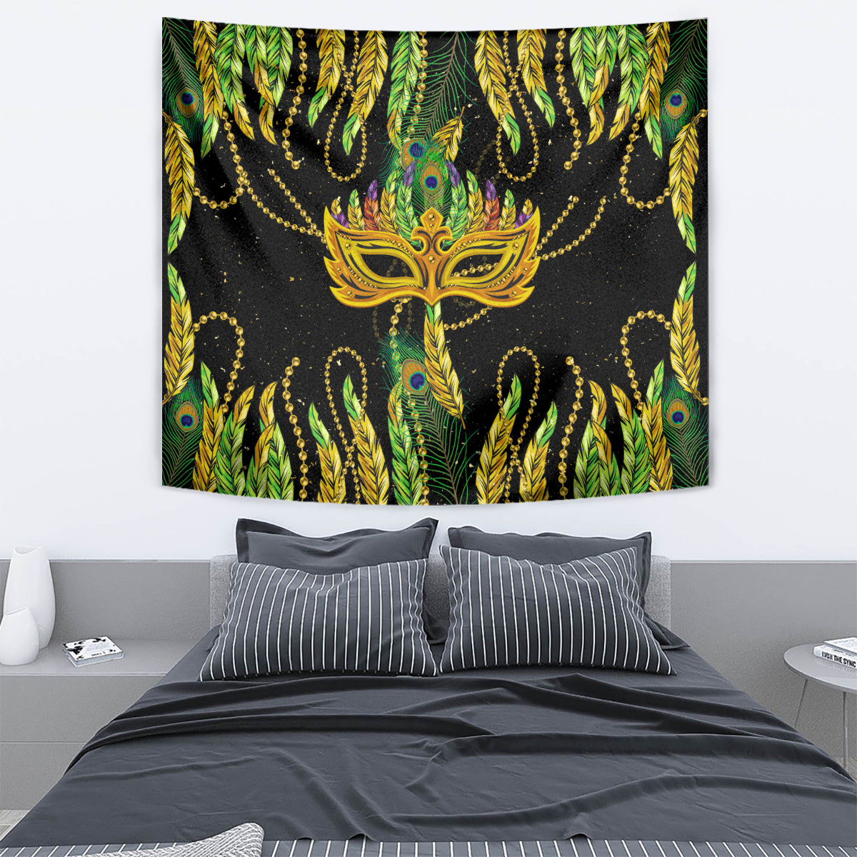 Green and yellow feather Mardi Gras mask tapestry with ornate gold beaded strands