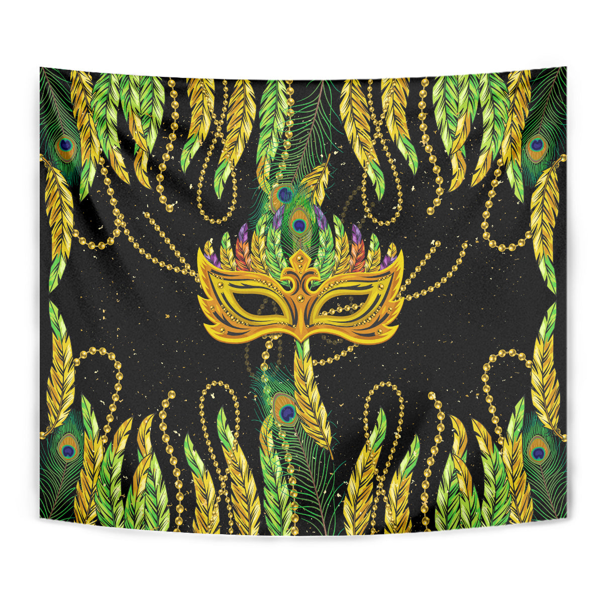 Rectangular Feather Mask Mardi Gras tapestry with centered mask, green/yellow feather design
