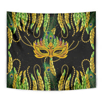 Rectangular Feather Mask Mardi Gras tapestry with centered mask, green/yellow feather design