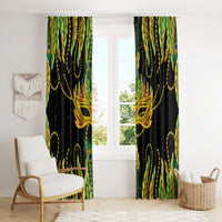 Green, gold, and black feather-pattern curtains framing a window with decorative mask artwork.