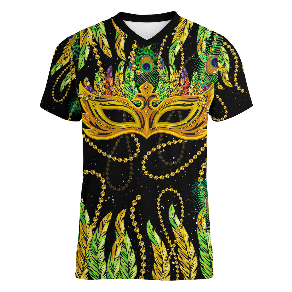 Feather Mask Mardi Gras Women V Neck T Shirt - Wonder Print Shop