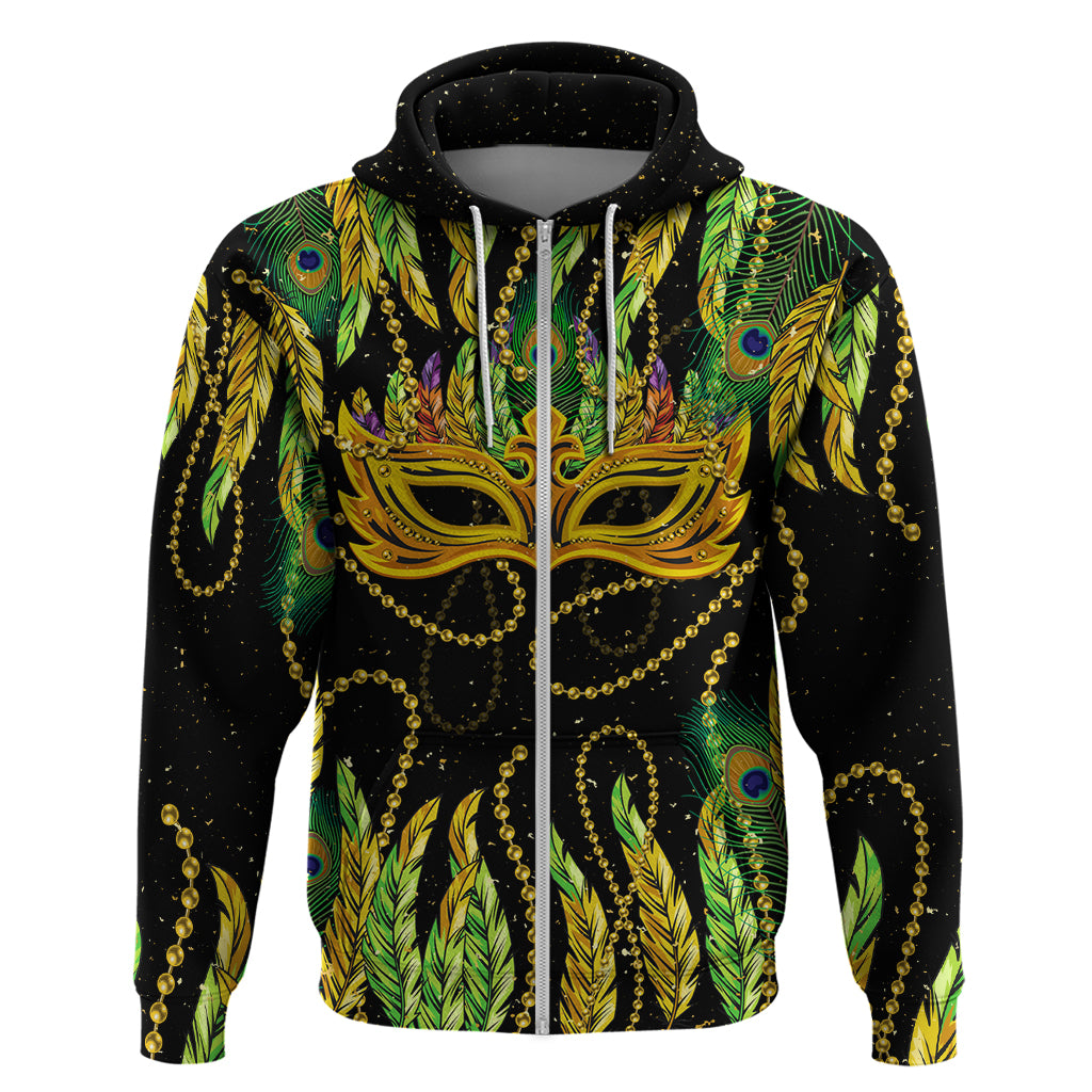 Black zip-up hoodie with colorful feather and Mardi Gras mask graphic, front view