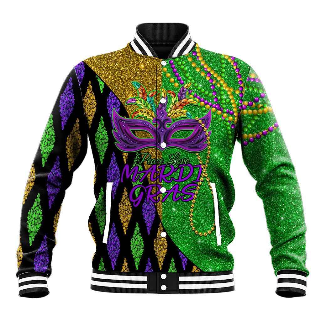 Peace Love Mardi Gras Baseball Jacket Carnival Masks With Feathers LT9 - Wonder Print Shop