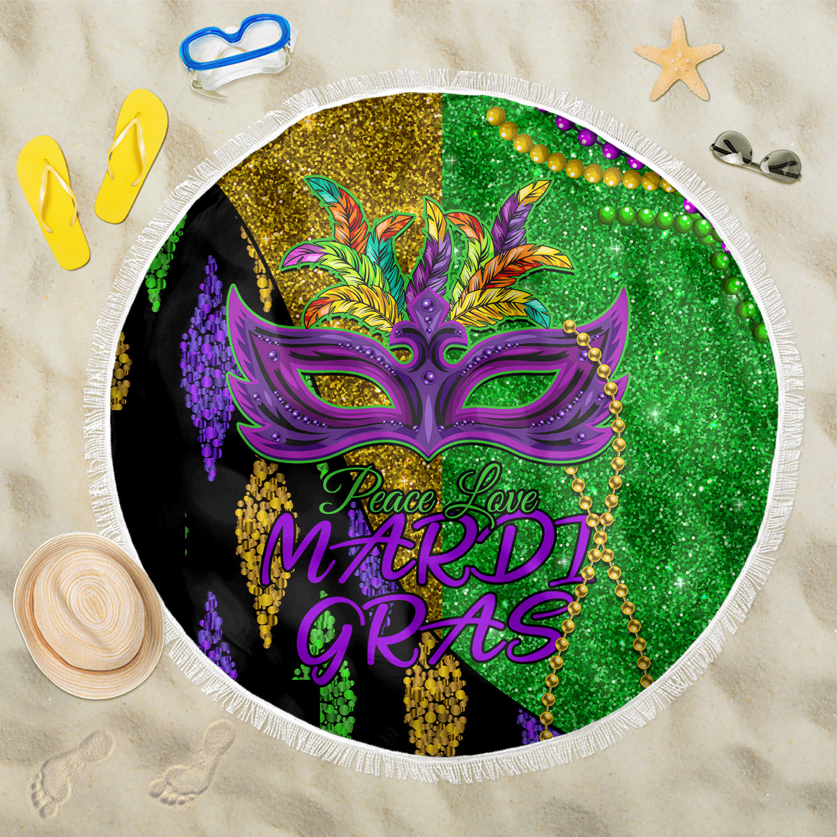 Peace Love Mardi Gras Beach Blanket Carnival Masks With Feathers LT9 - Wonder Print Shop