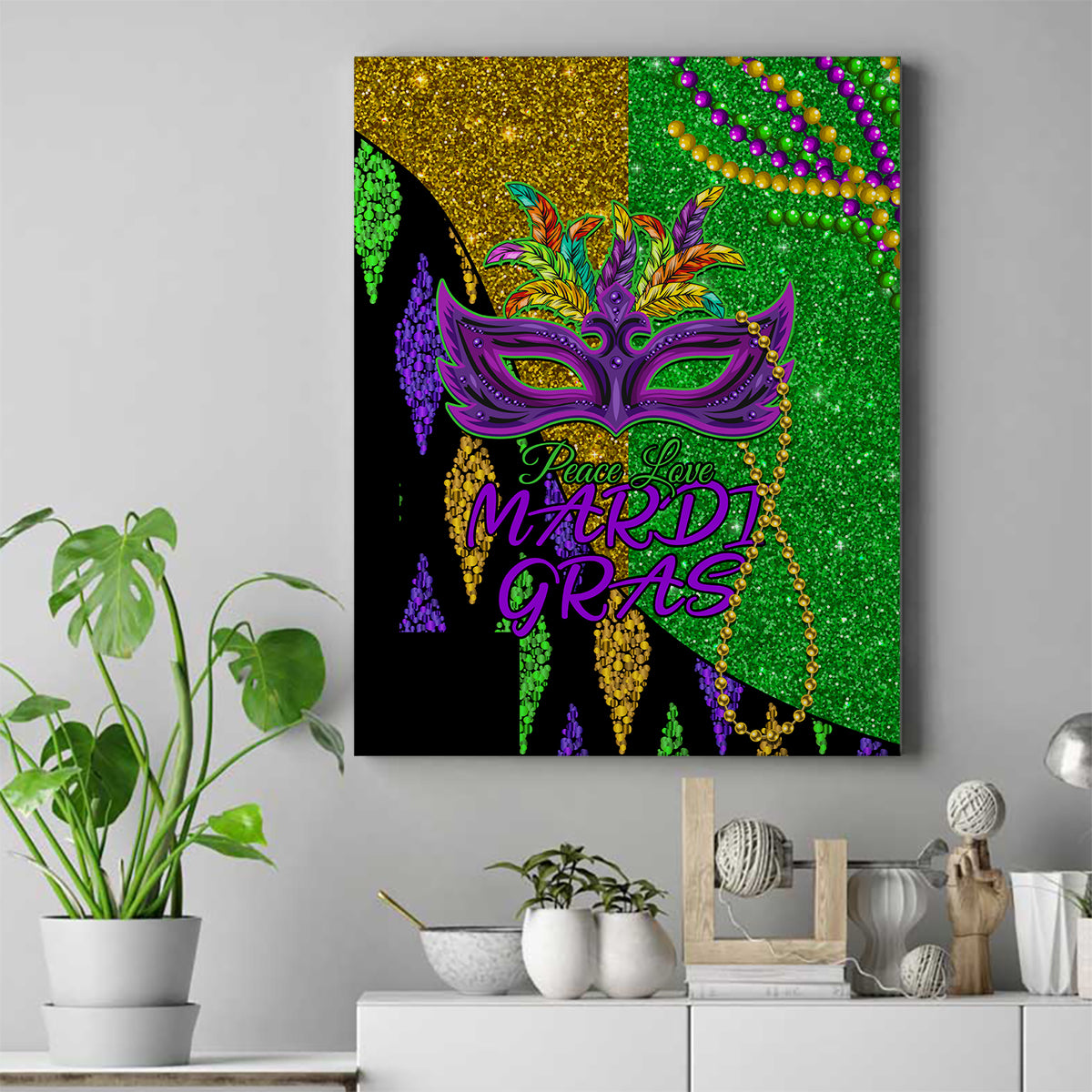 Peace Love Mardi Gras Canvas Wall Art Carnival Masks With Feathers LT9 - Wonder Print Shop