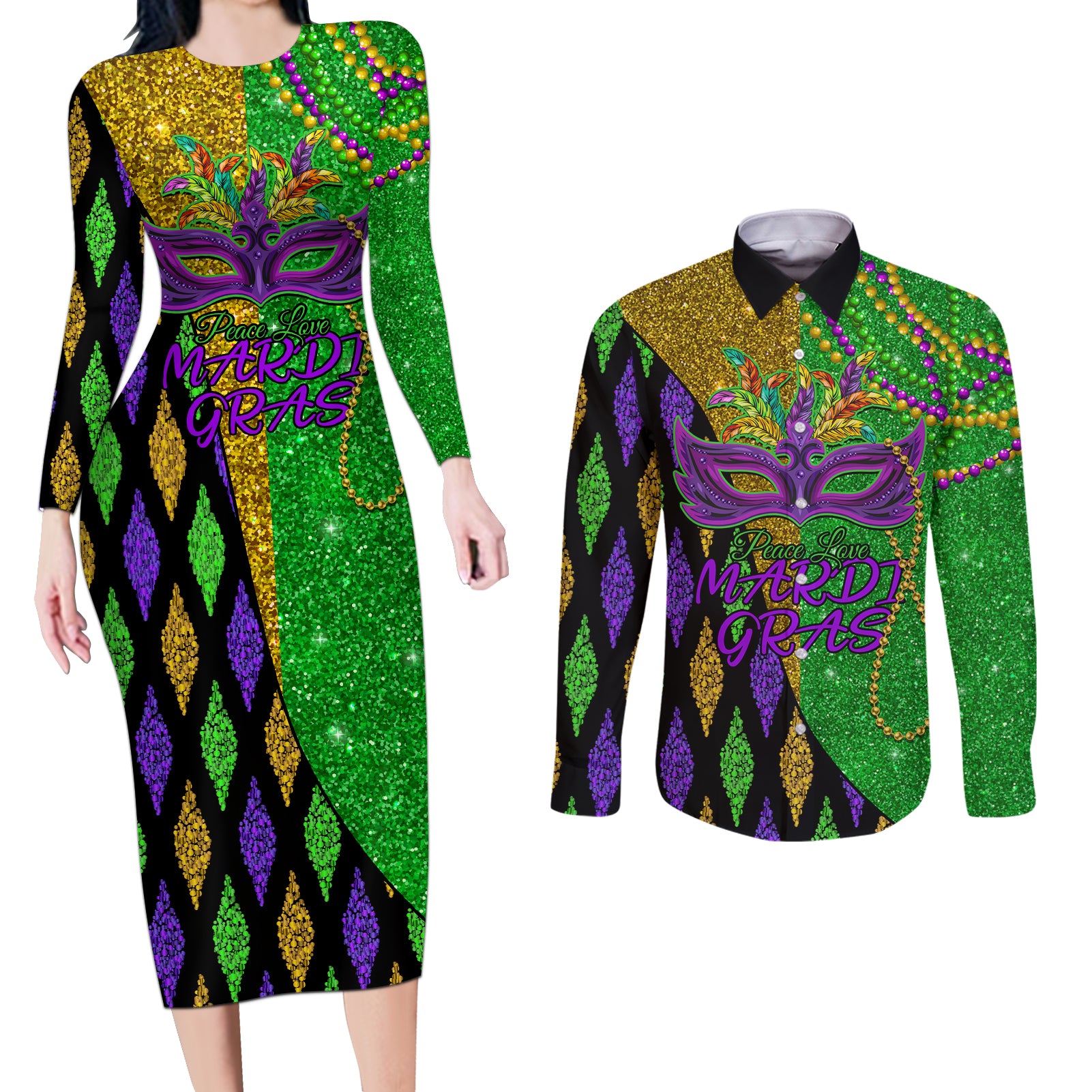 Peace Love Mardi Gras Couples Matching Long Sleeve Bodycon Dress and Long Sleeve Button Shirt Carnival Masks With Feathers LT9 - Wonder Print Shop