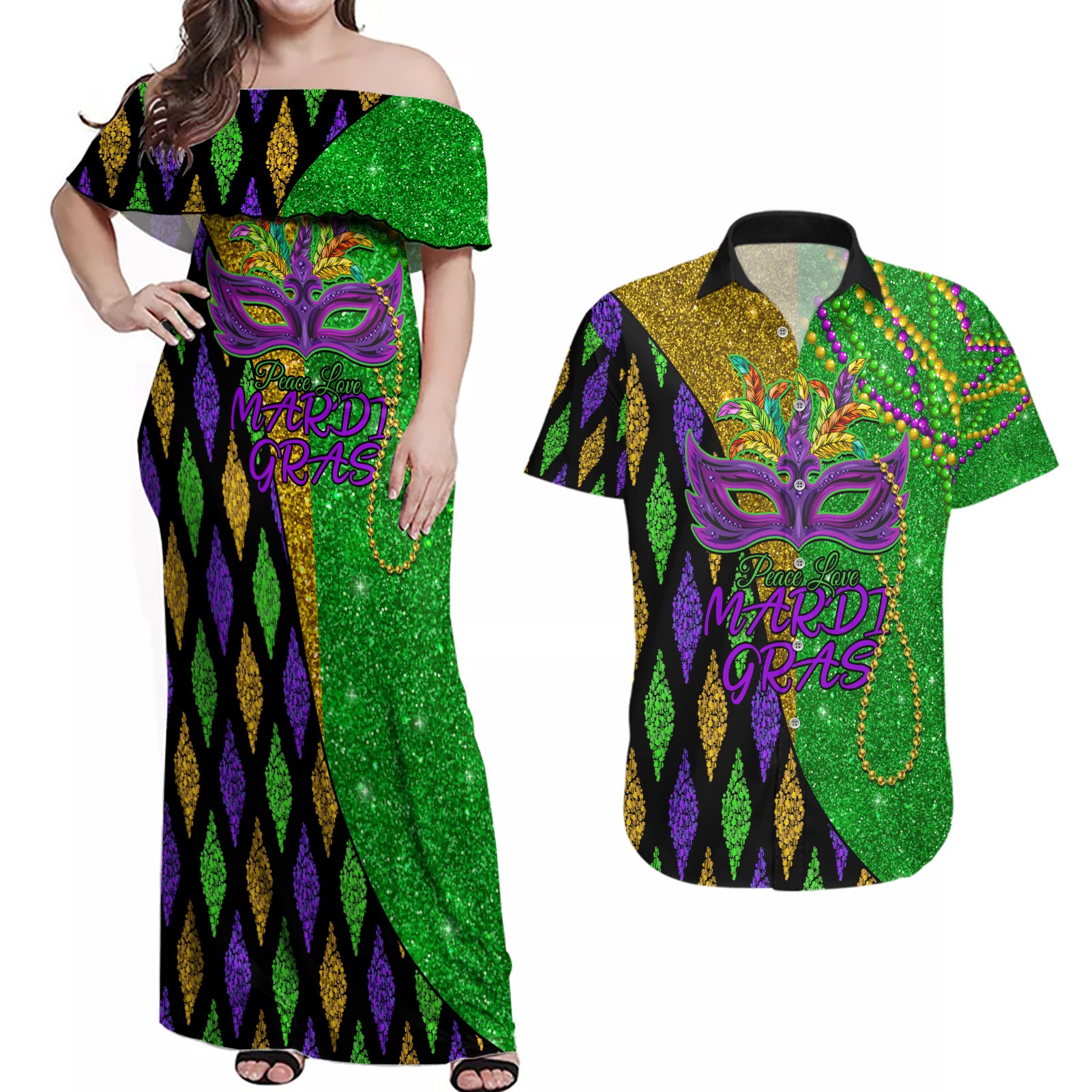 Peace Love Mardi Gras Couples Matching Off Shoulder Maxi Dress and Hawaiian Shirt Carnival Masks With Feathers LT9 - Wonder Print Shop