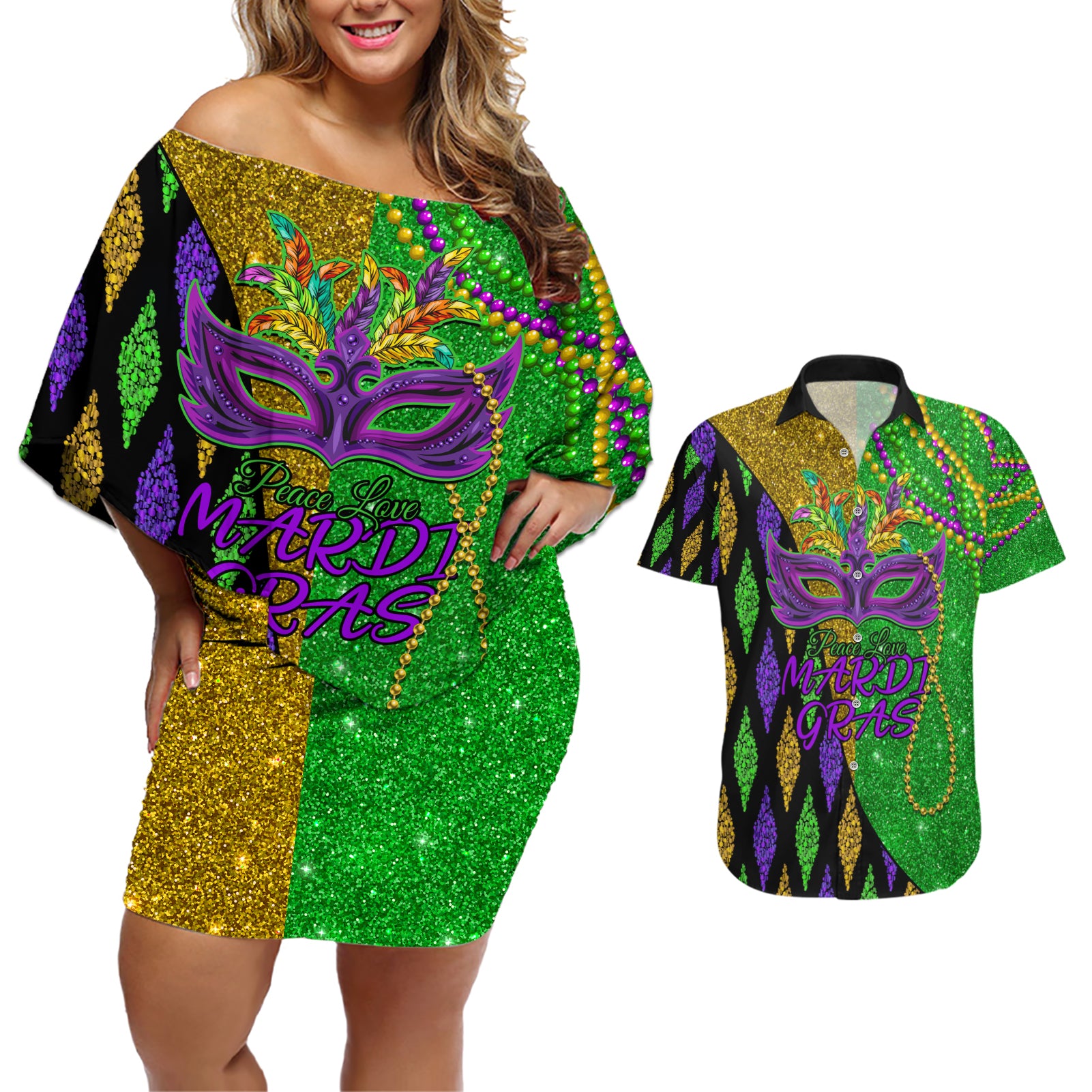 Peace Love Mardi Gras Couples Matching Off Shoulder Short Dress and Hawaiian Shirt Carnival Masks With Feathers LT9 - Wonder Print Shop