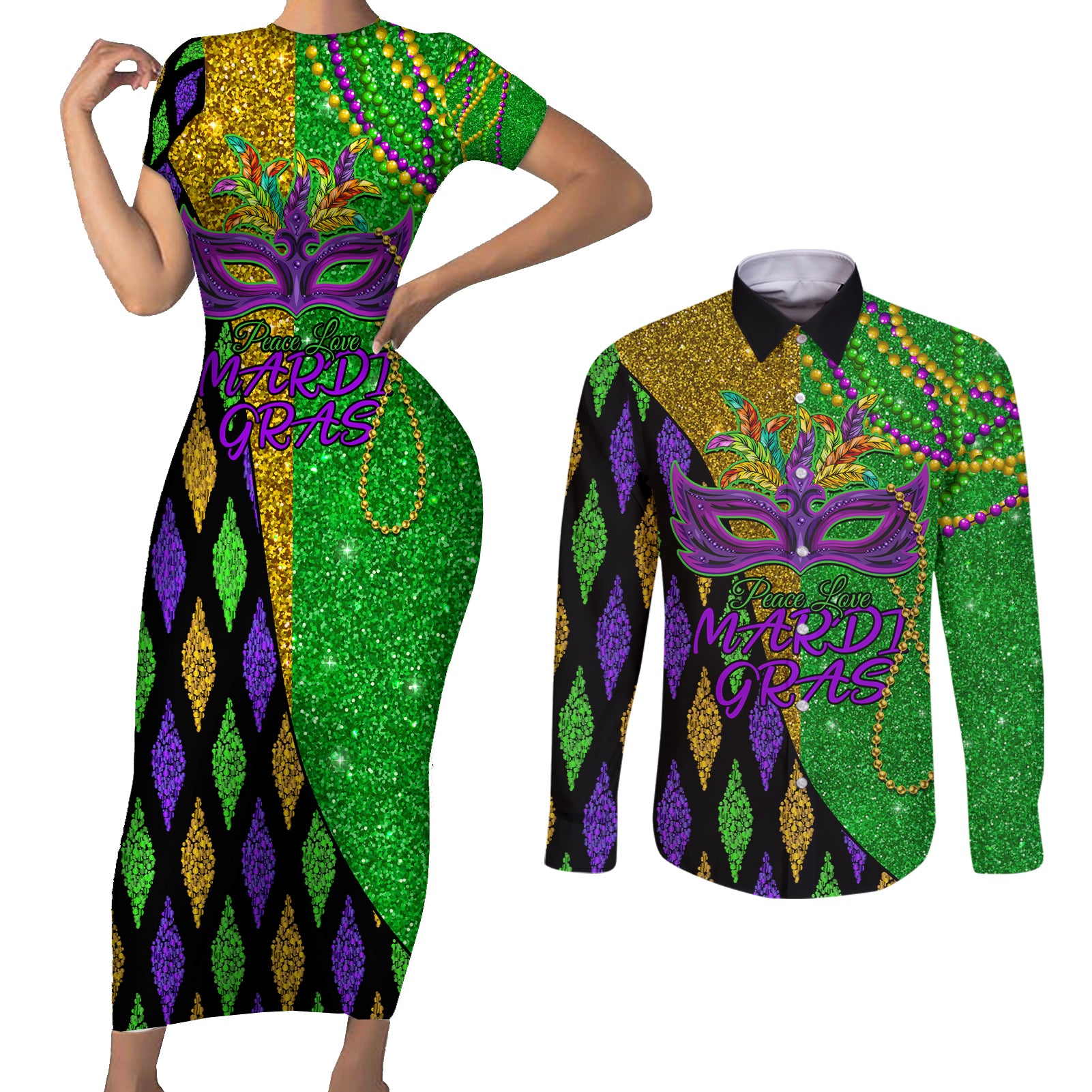 Peace Love Mardi Gras Couples Matching Short Sleeve Bodycon Dress and Long Sleeve Button Shirt Carnival Masks With Feathers LT9 - Wonder Print Shop