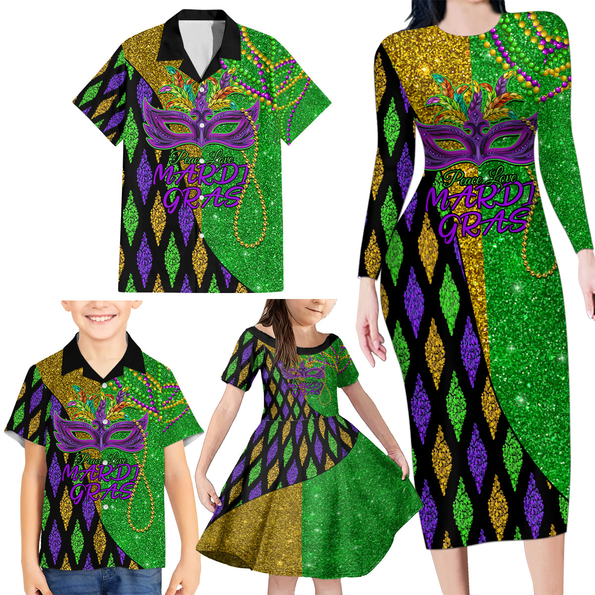 Peace Love Mardi Gras Family Matching Long Sleeve Bodycon Dress and Hawaiian Shirt Carnival Masks With Feathers LT9 - Wonder Print Shop