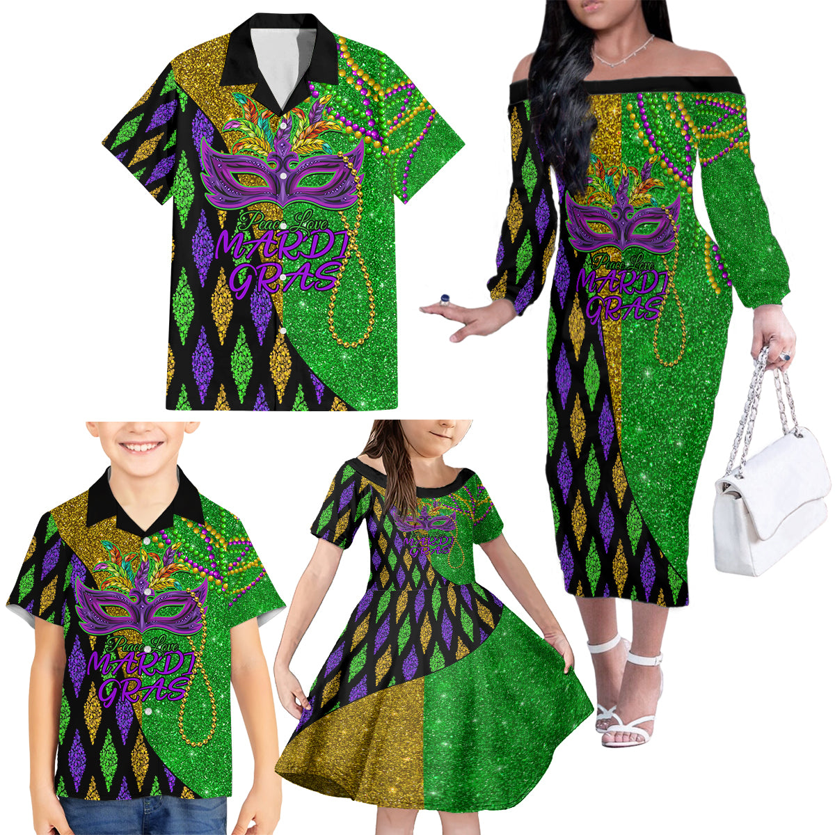 Peace Love Mardi Gras Family Matching Off Shoulder Long Sleeve Dress and Hawaiian Shirt Carnival Masks With Feathers - Wonder Print Shop