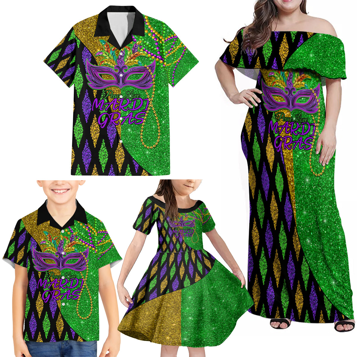 Peace Love Mardi Gras Family Matching Off Shoulder Maxi Dress and Hawaiian Shirt Carnival Masks With Feathers LT9 - Wonder Print Shop