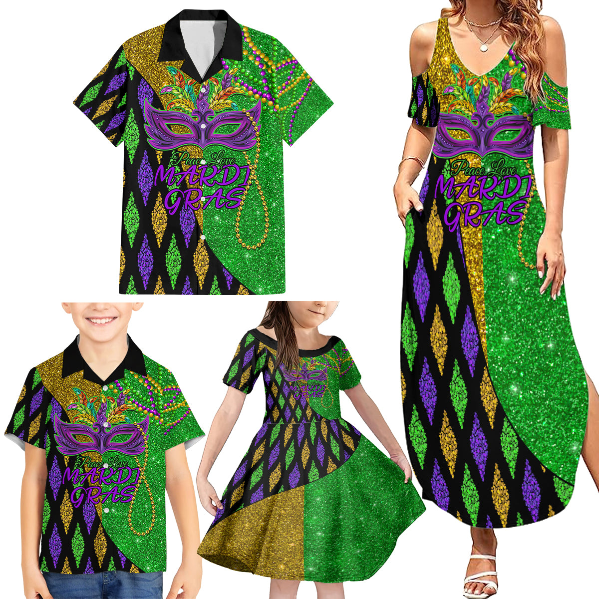 Peace Love Mardi Gras Family Matching Summer Maxi Dress and Hawaiian Shirt Carnival Masks With Feathers - Wonder Print Shop