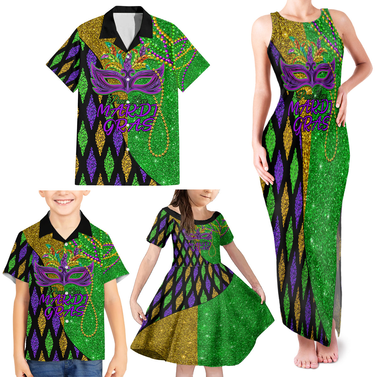 Peace Love Mardi Gras Family Matching Tank Maxi Dress and Hawaiian Shirt Carnival Masks With Feathers - Wonder Print Shop