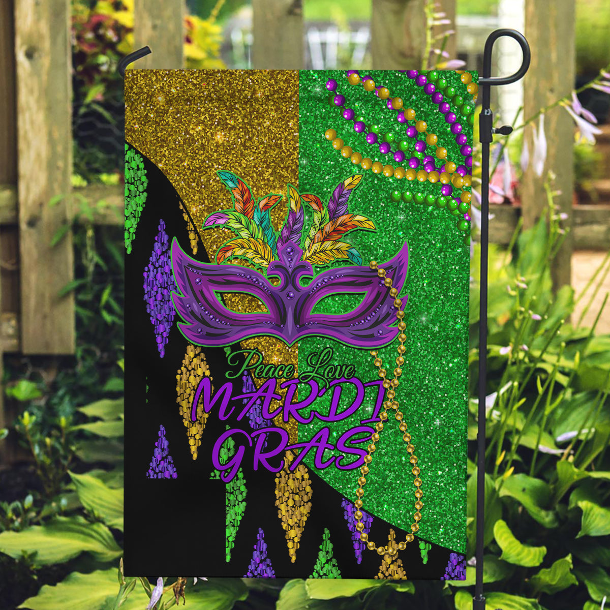 Peace Love Mardi Gras Garden Flag Carnival Masks With Feathers - Wonder Print Shop