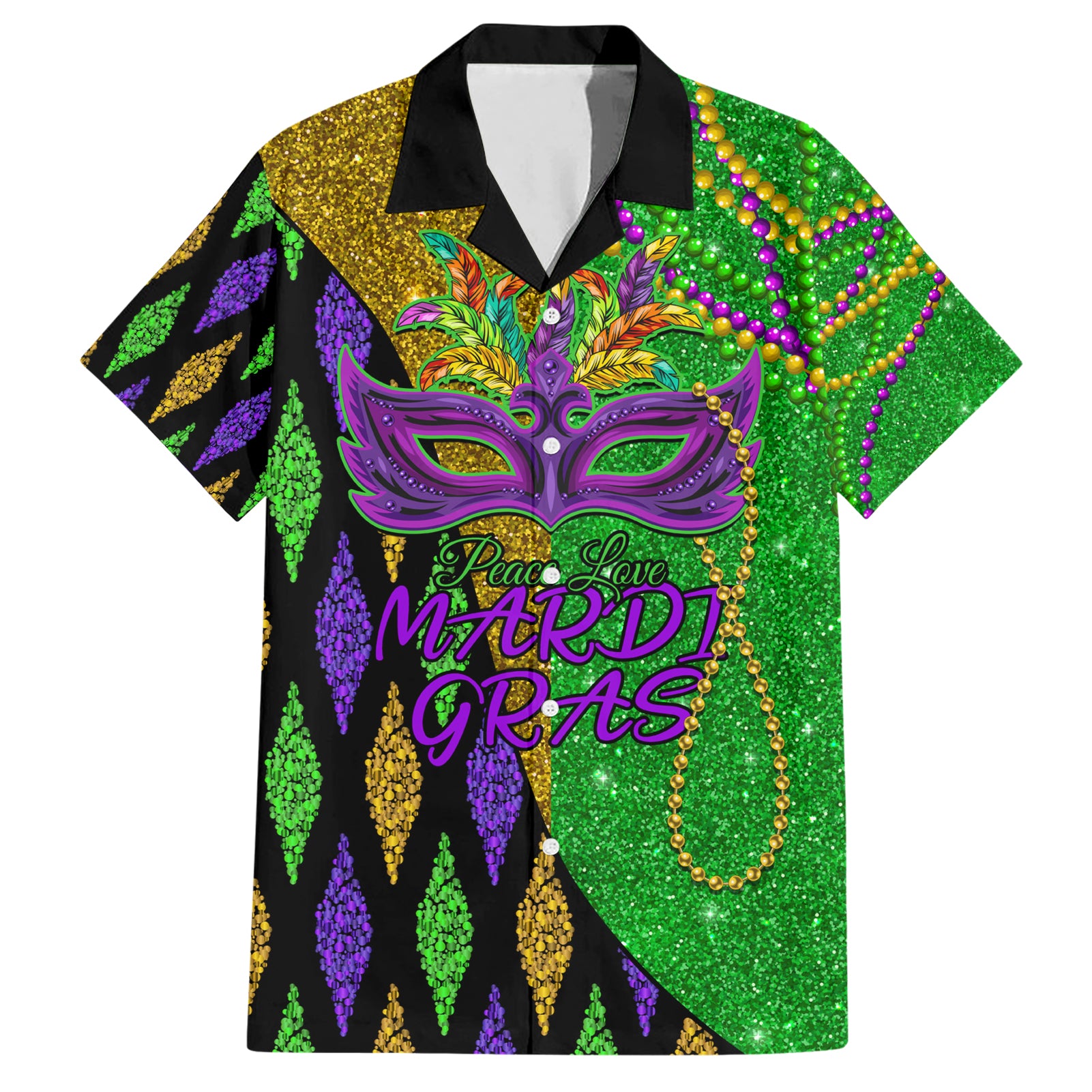 Peace Love Mardi Gras Hawaiian Shirt Carnival Masks With Feathers - Wonder Print Shop