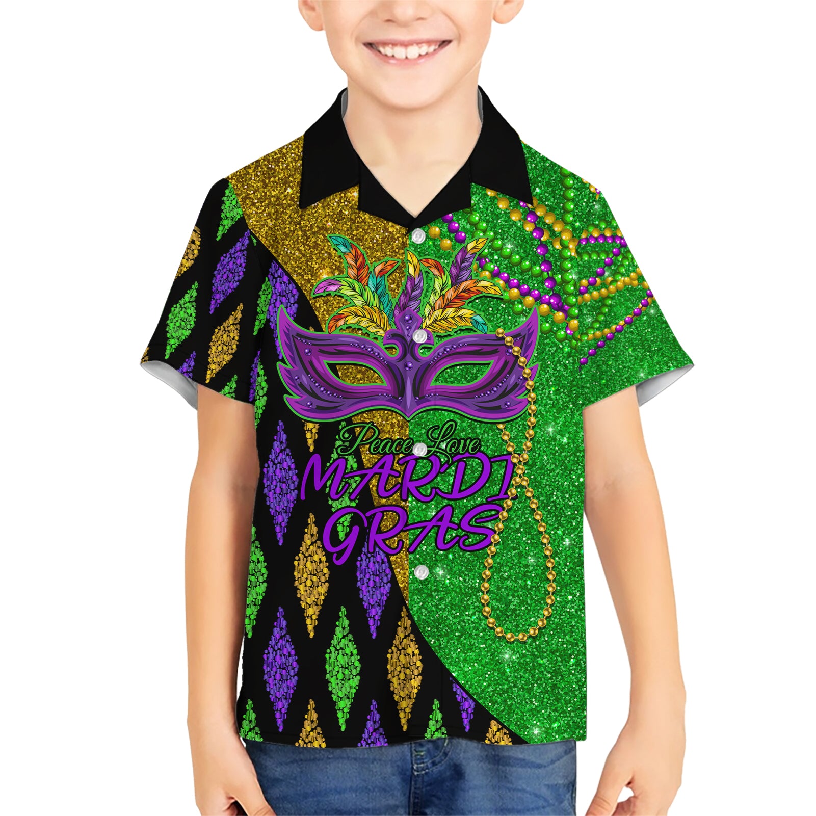 Peace Love Mardi Gras Kid Hawaiian Shirt Carnival Masks With Feathers - Wonder Print Shop