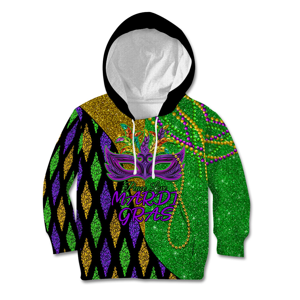 Peace Love Mardi Gras Kid Hoodie Carnival Masks With Feathers - Wonder Print Shop