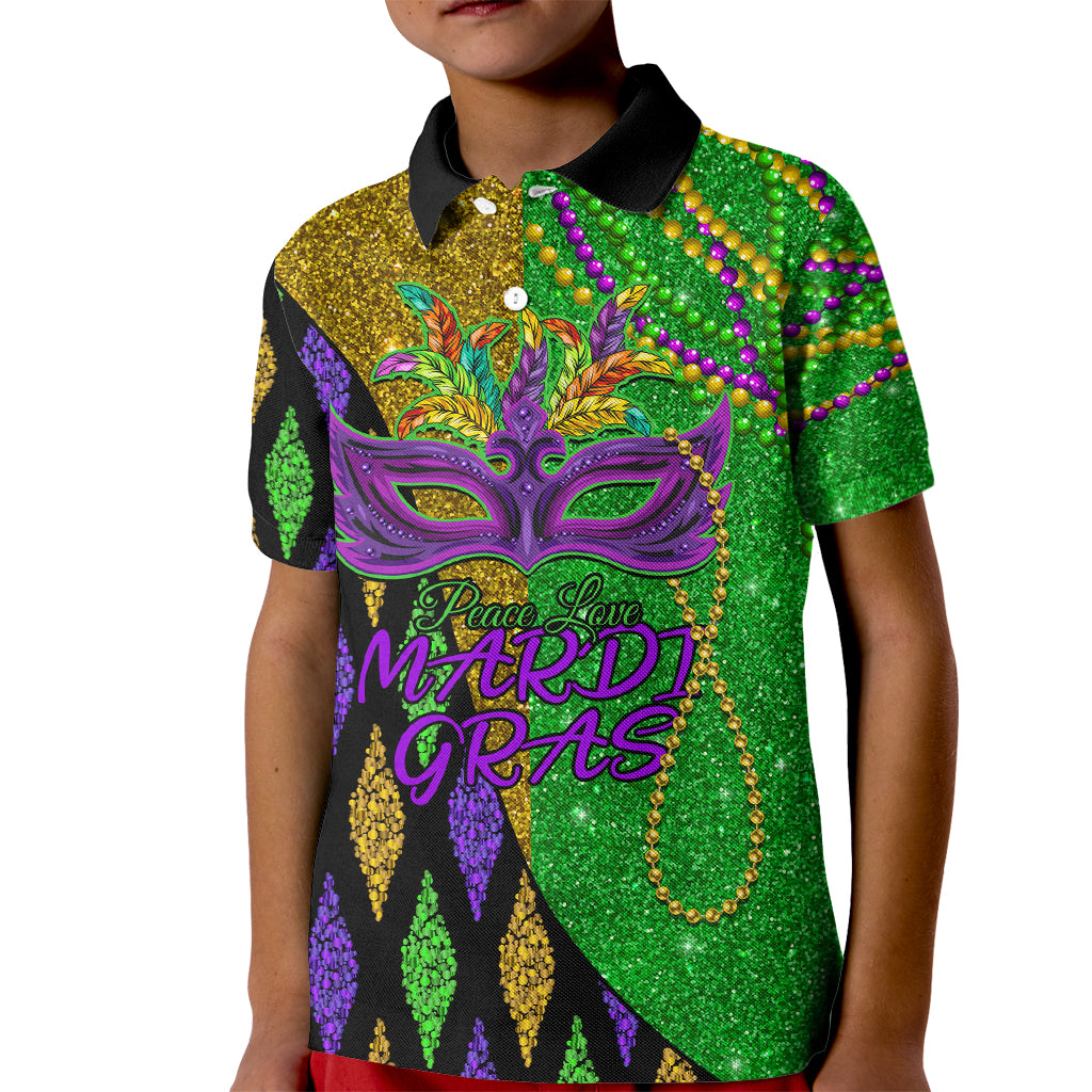 Peace Love Mardi Gras Kid Polo Shirt Carnival Masks With Feathers - Wonder Print Shop