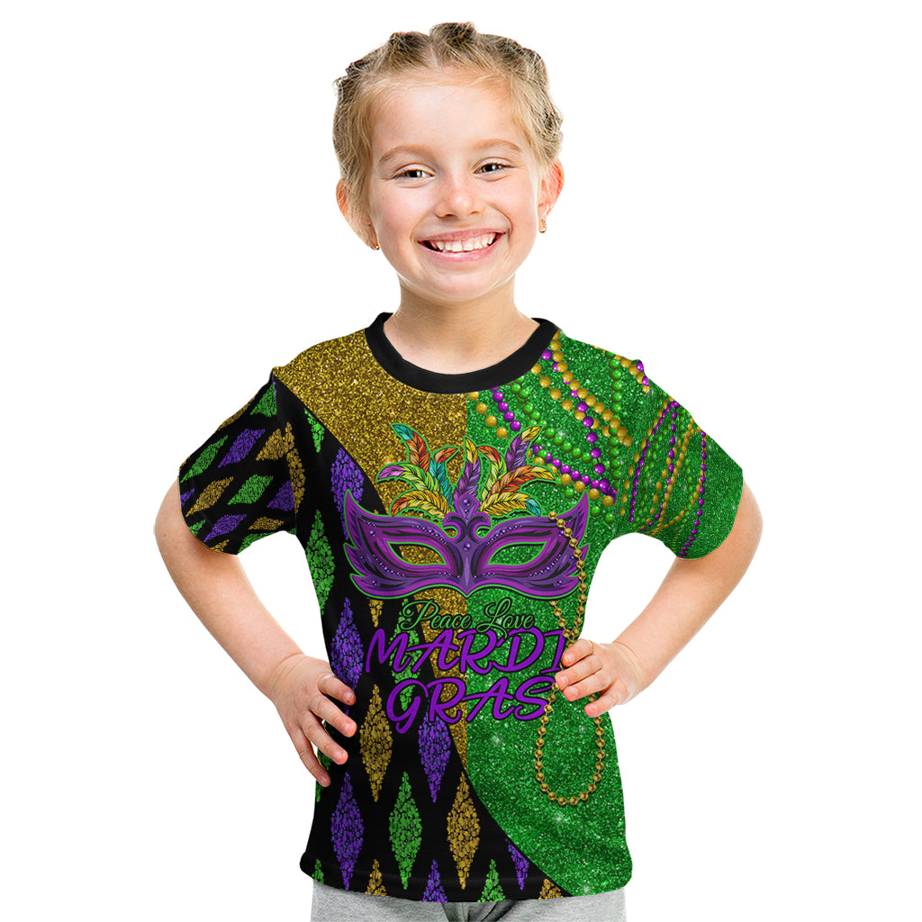 Peace Love Mardi Gras Kid T Shirt Carnival Masks With Feathers - Wonder Print Shop