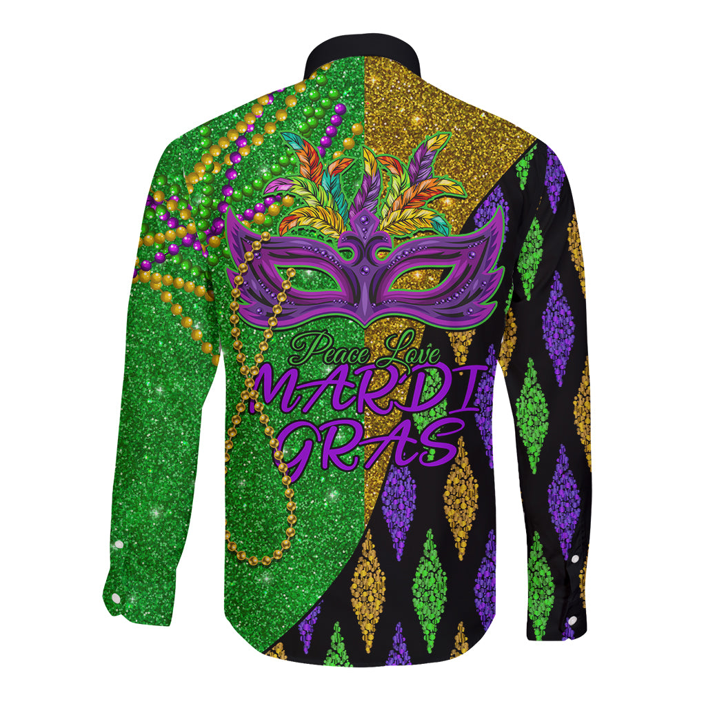 Black long-sleeve button shirt back view with glitter beads and feathered mask graphic