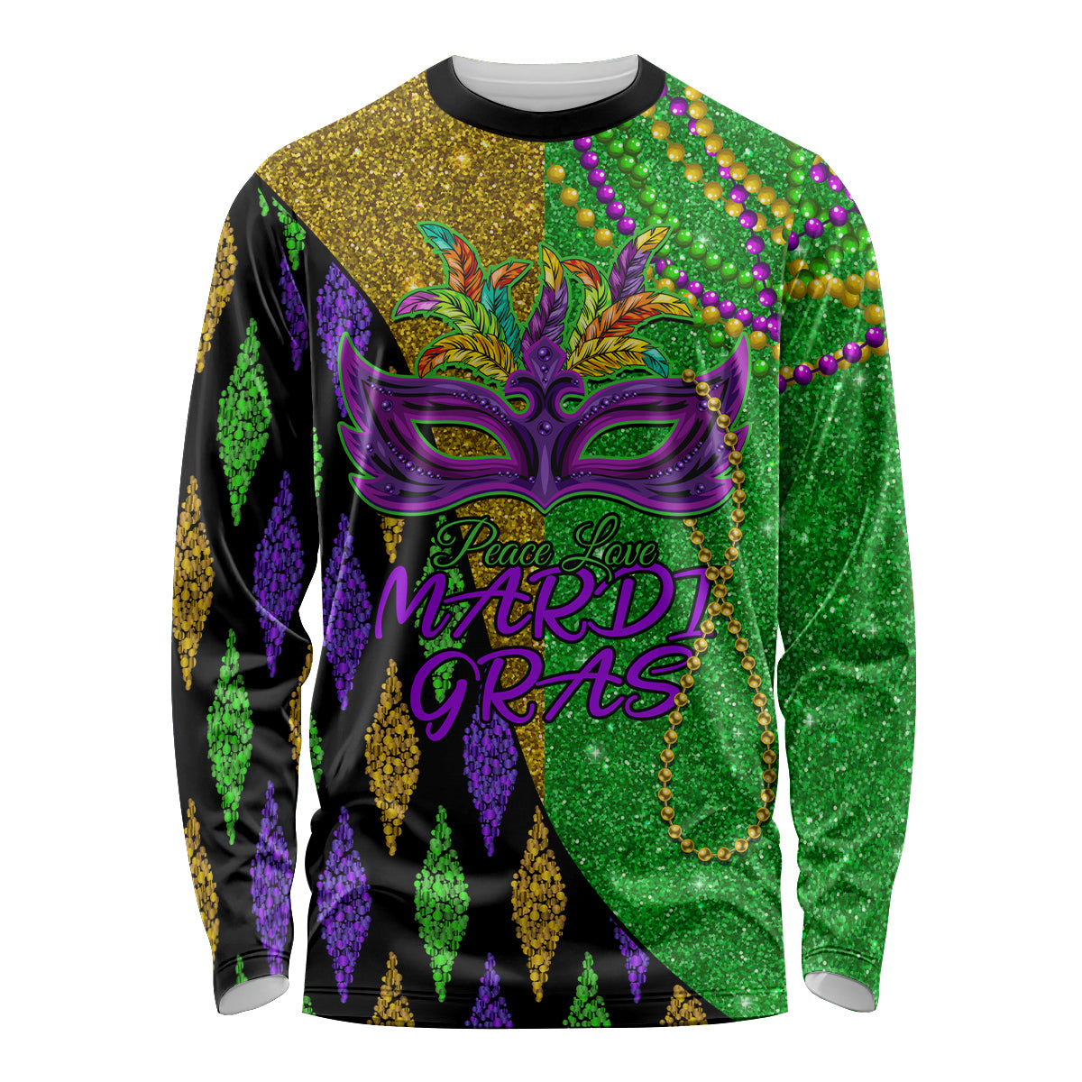 Peace Love Mardi Gras Long Sleeve Shirt Carnival Masks With Feathers - Wonder Print Shop