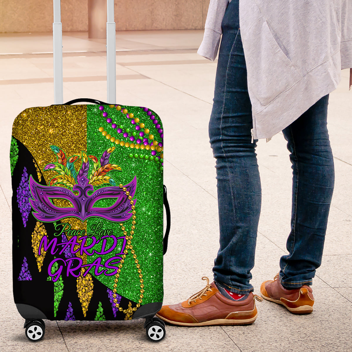 Peace Love Mardi Gras Luggage Cover Carnival Masks With Feathers - Wonder Print Shop