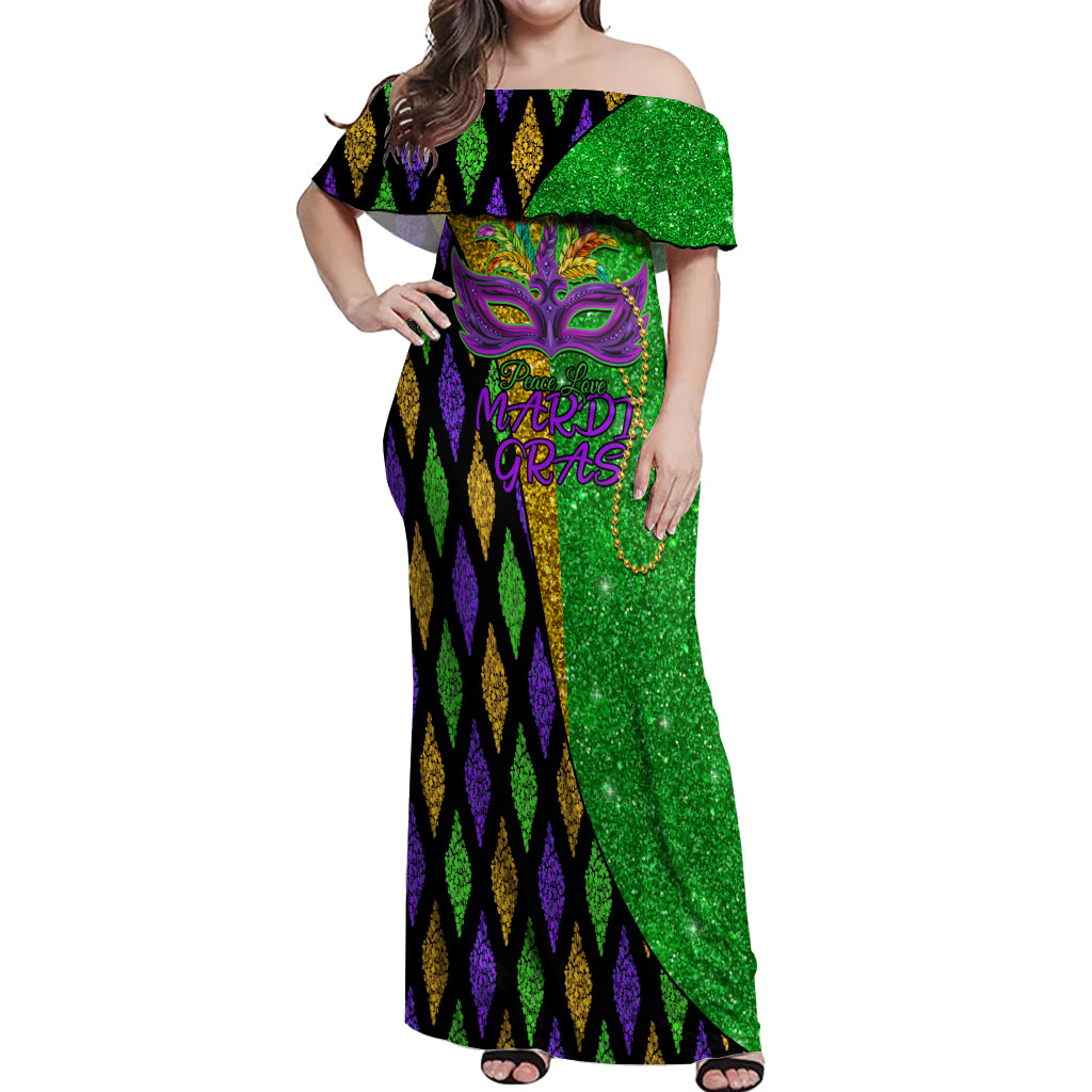 Peace Love Mardi Gras Off Shoulder Maxi Dress Carnival Masks With Feathers - Wonder Print Shop