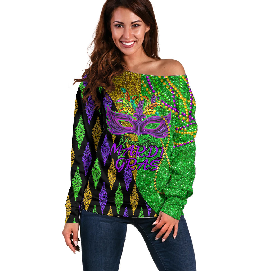 Peace Love Mardi Gras Off Shoulder Sweater Carnival Masks With Feathers - Wonder Print Shop