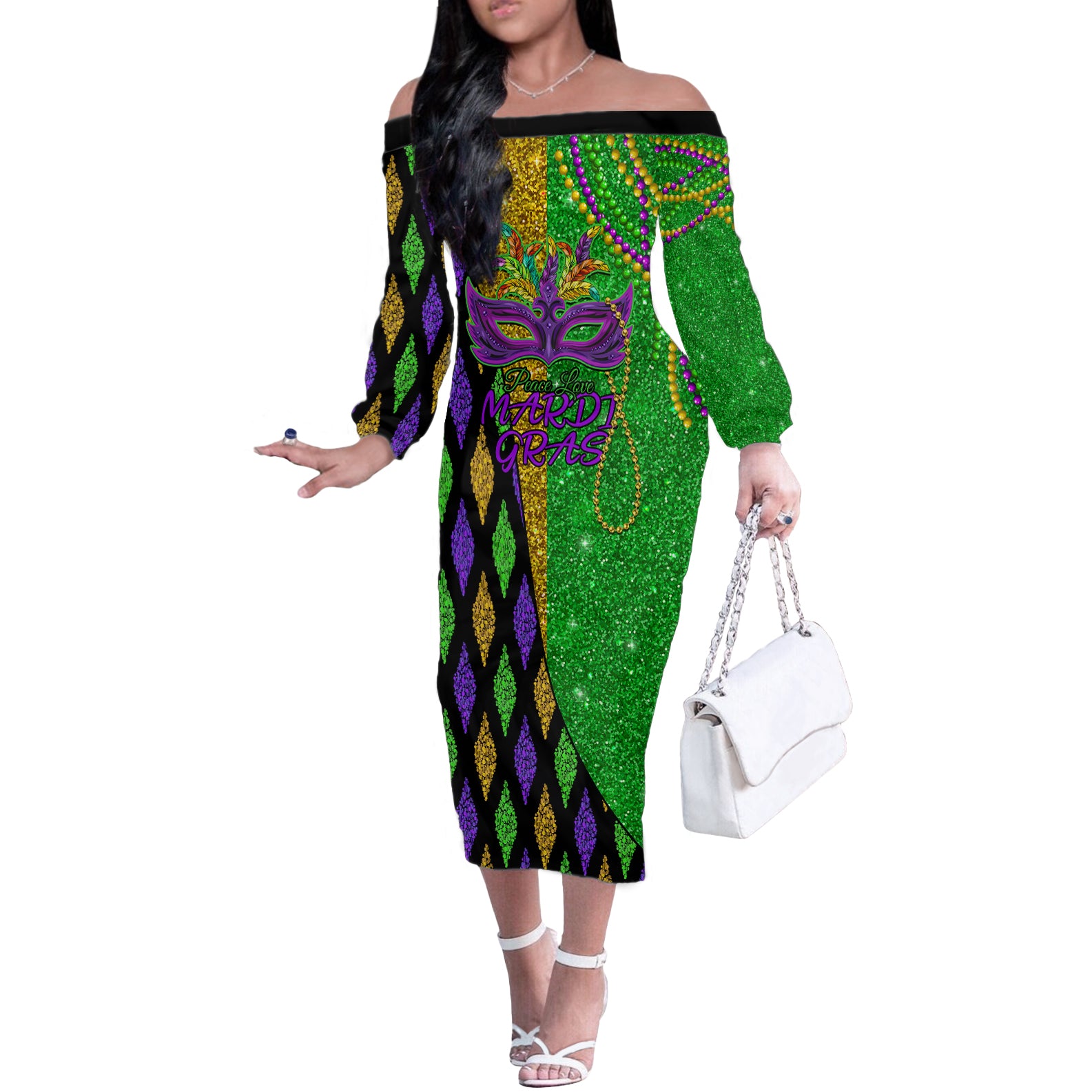 Peace Love Mardi Gras Off The Shoulder Long Sleeve Dress Carnival Masks With Feathers - Wonder Print Shop