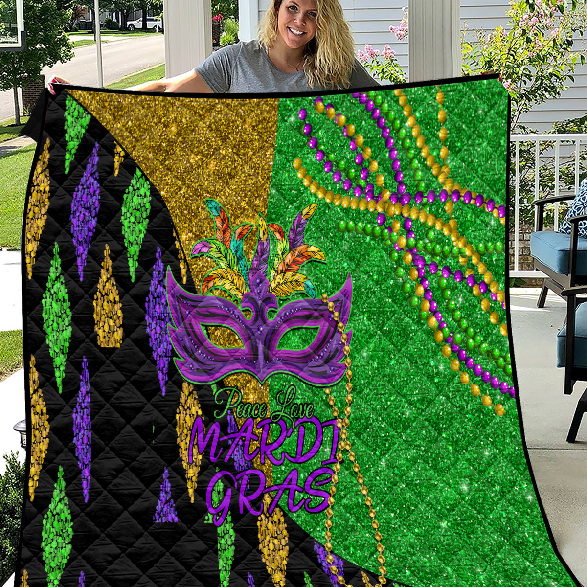 Peace Love Mardi Gras Quilt Carnival Masks With Feathers