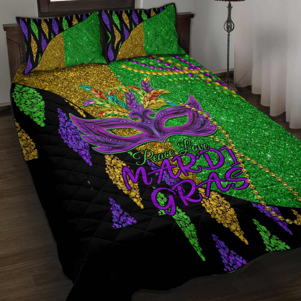 Peace Love Mardi Gras Quilt Bed Set Carnival Masks With Feathers - Wonder Print Shop