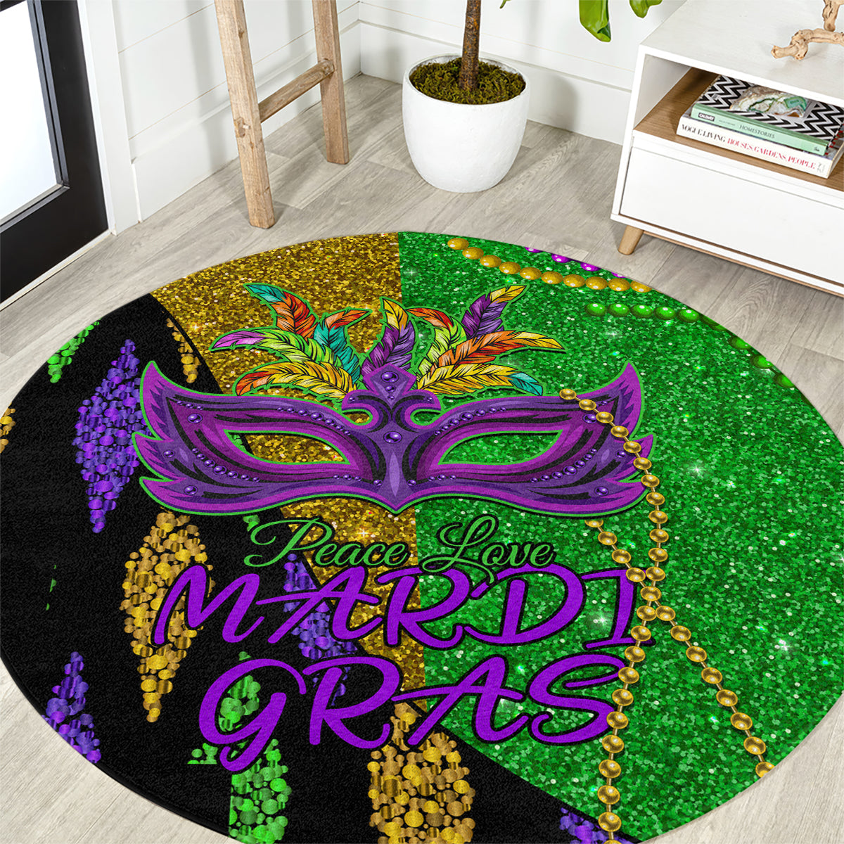 Peace Love Mardi Gras Round Carpet Carnival Masks With Feathers