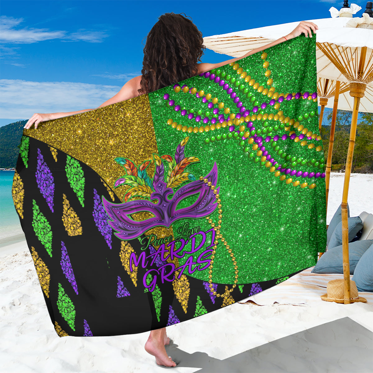 Peace Love Mardi Gras Sarong Carnival Masks With Feathers - Wonder Print Shop