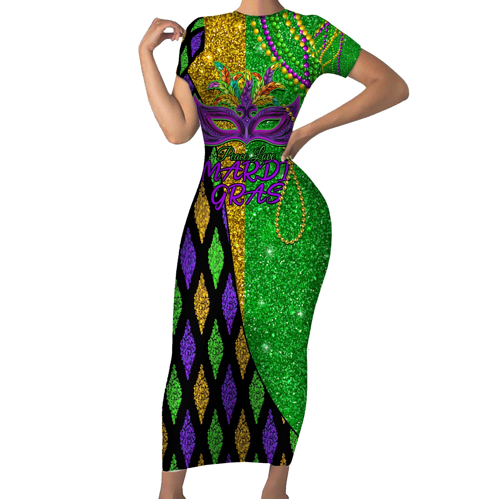 Peace Love Mardi Gras Short Sleeve Bodycon Dress Carnival Masks With Feathers - Wonder Print Shop