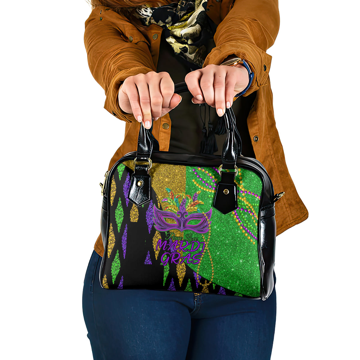 Peace Love Mardi Gras Shoulder Handbag Carnival Masks With Feathers