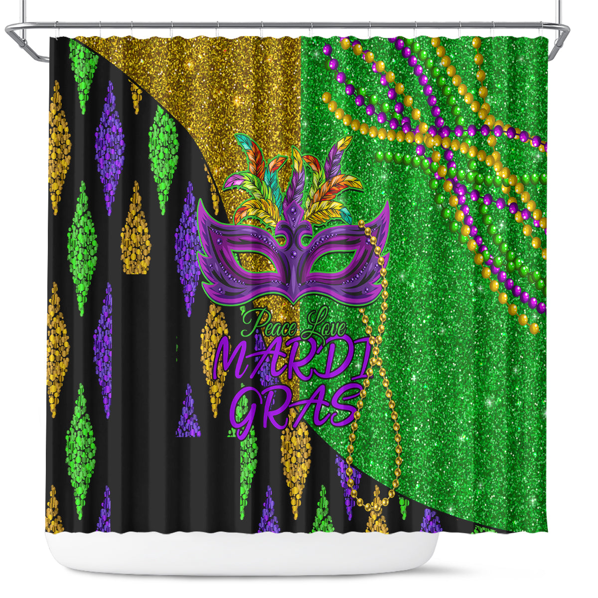 Peace Love Mardi Gras Shower Curtain Carnival Masks With Feathers